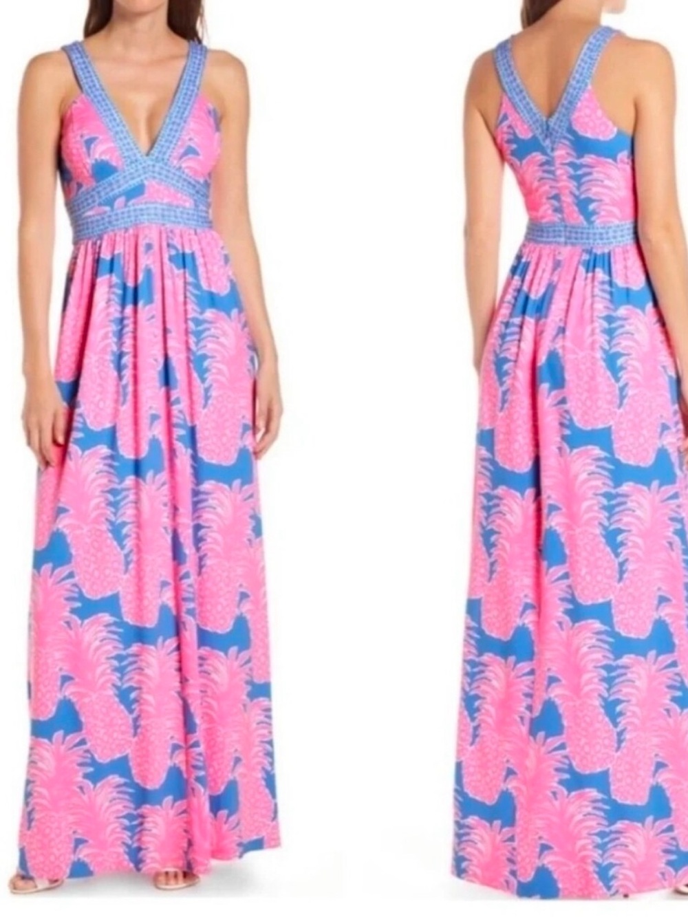 Lilly Pulitzer Pink & Blue Pineapple Print V-Neck Maxi Dress